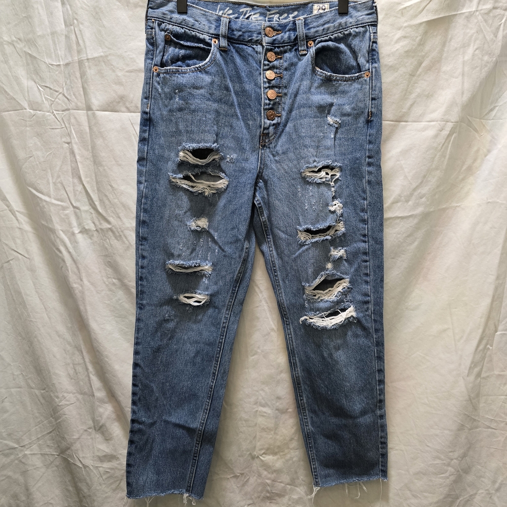 We The Free High Rise Button Fly Ankle Cropped Jeans Distressed 29 Raw Hem